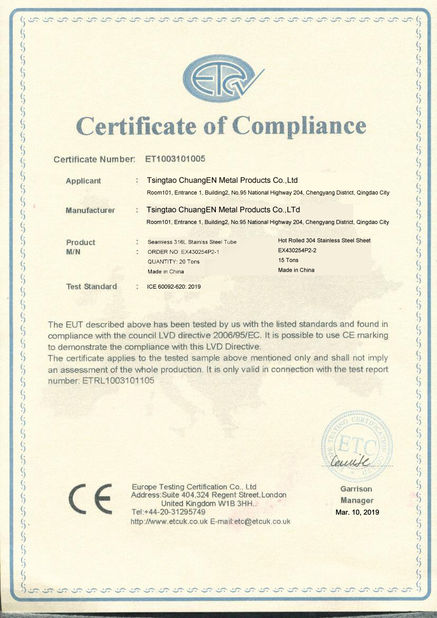 Porcellana Tsingtao ChuangEn Metal Products Co.,Ltd Certificazioni